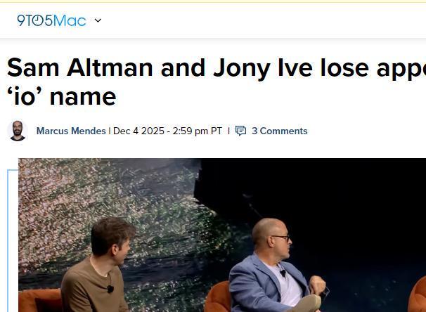 OpenAI旗下商标“io”名称上诉失败，法院：恐混淆危害小公司